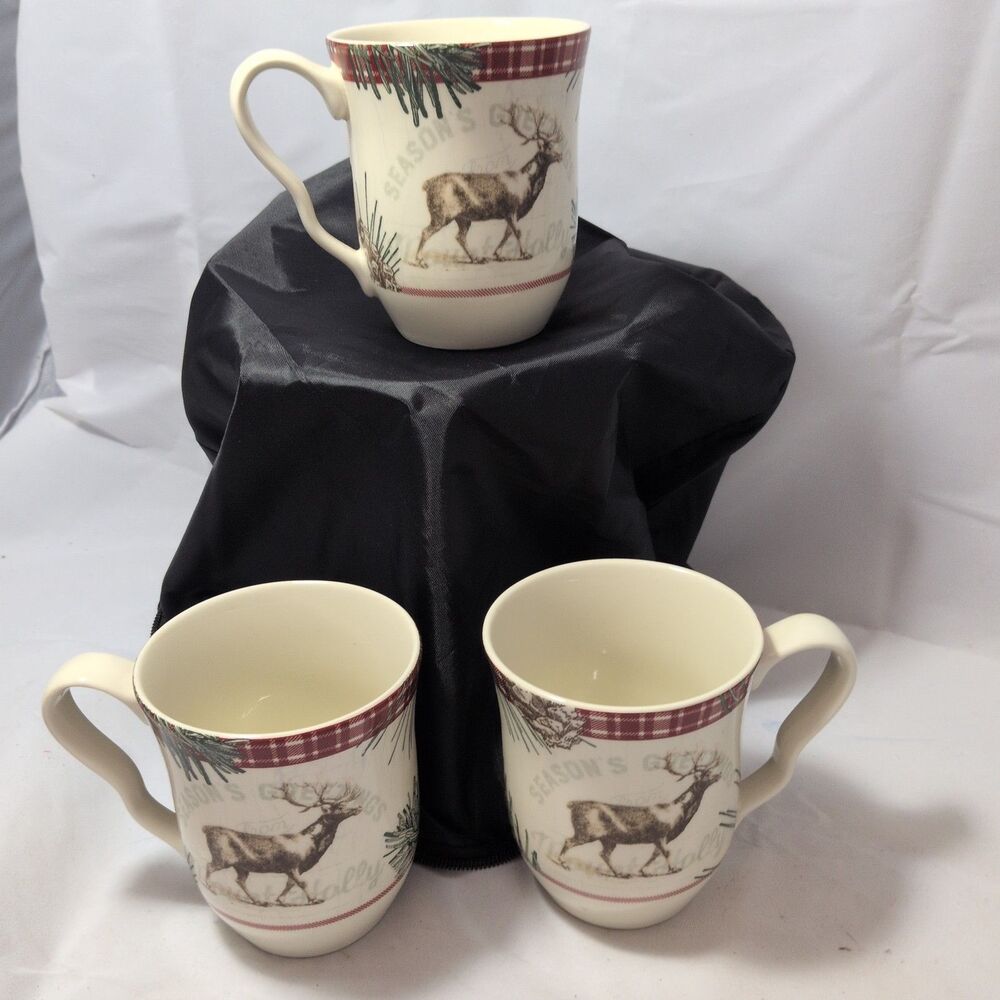 Robert Stanley Home Collection Mount Holly Elk Coffee Mugs Plaid Set of 3